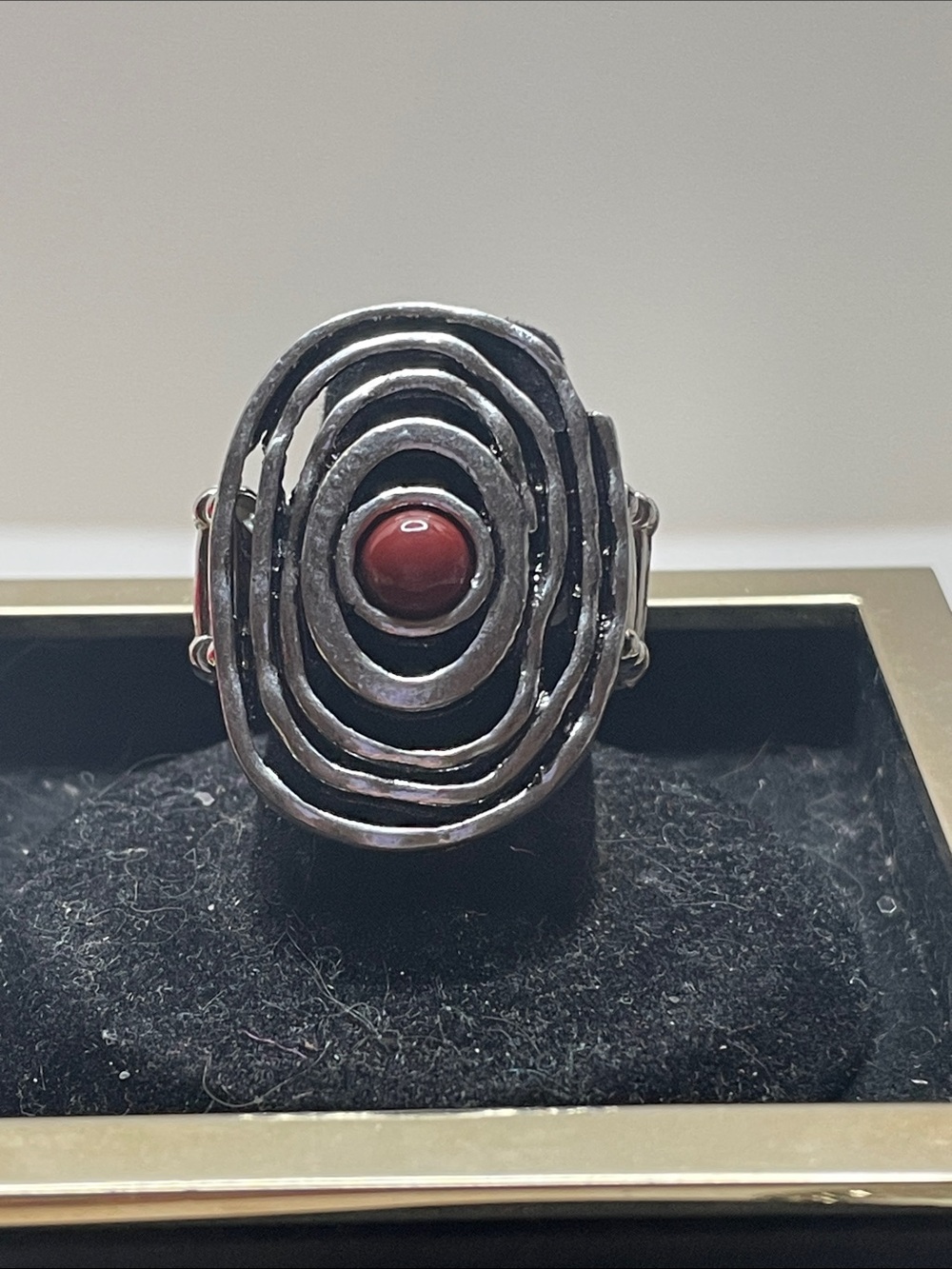 paparazzi Silver Spiral Statement Ring with Red Bead